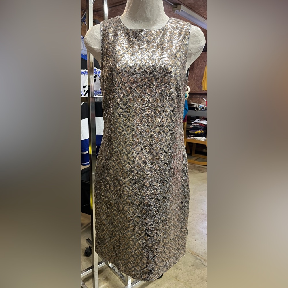 BANANA REPUBLIC Sequin Shift Dress Gold Silver Geometric Cocktail Party Size 2